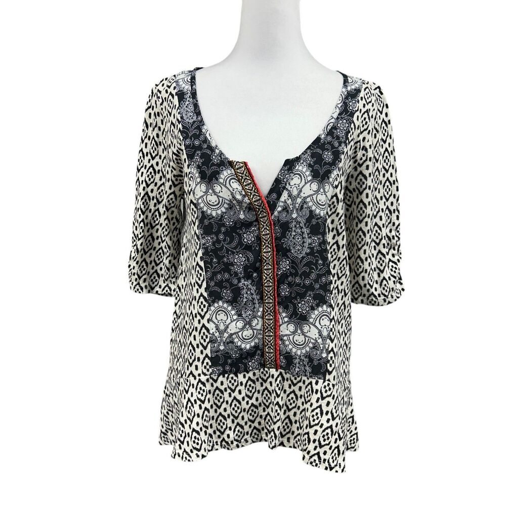Akemi + Kin Inkatha Boho Print Blouse Sz M Black Cream